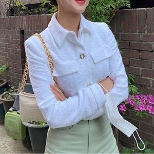 Zara white textured blazer with gold buttons